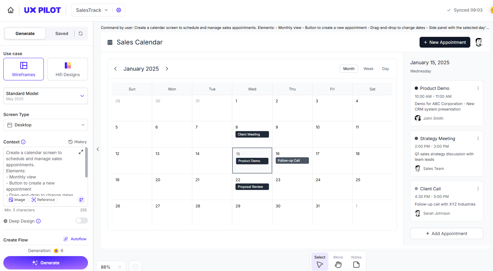 SalesTrack calendar screen generated in UXpilot