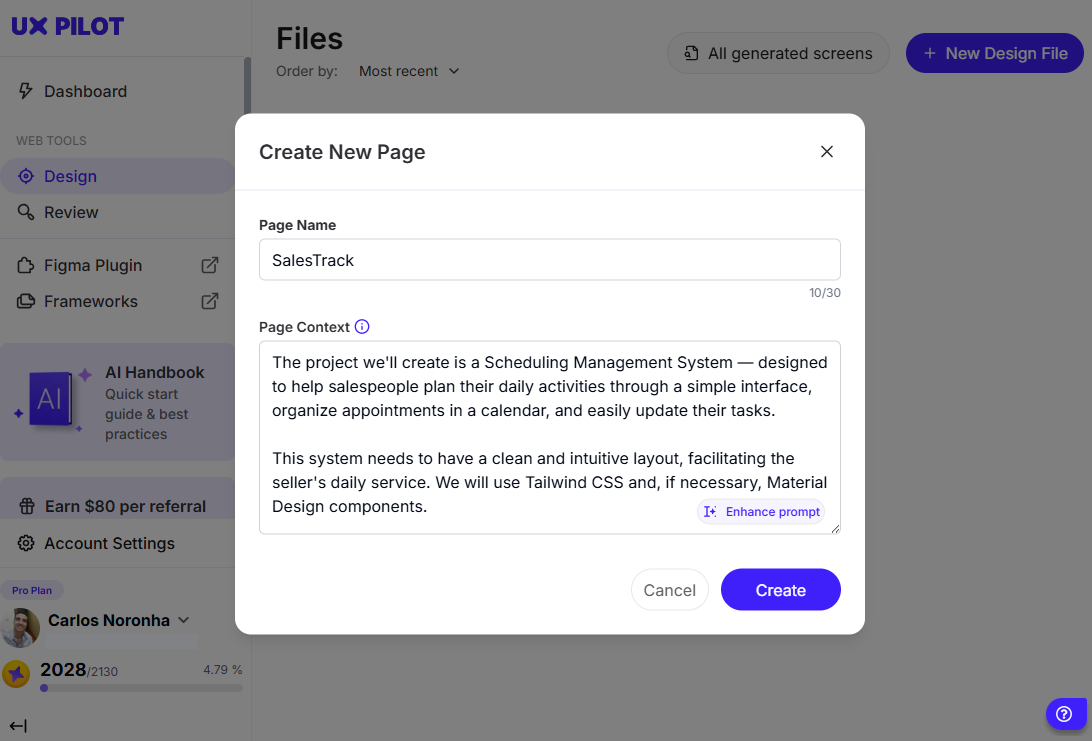 Create new project in UXPilot