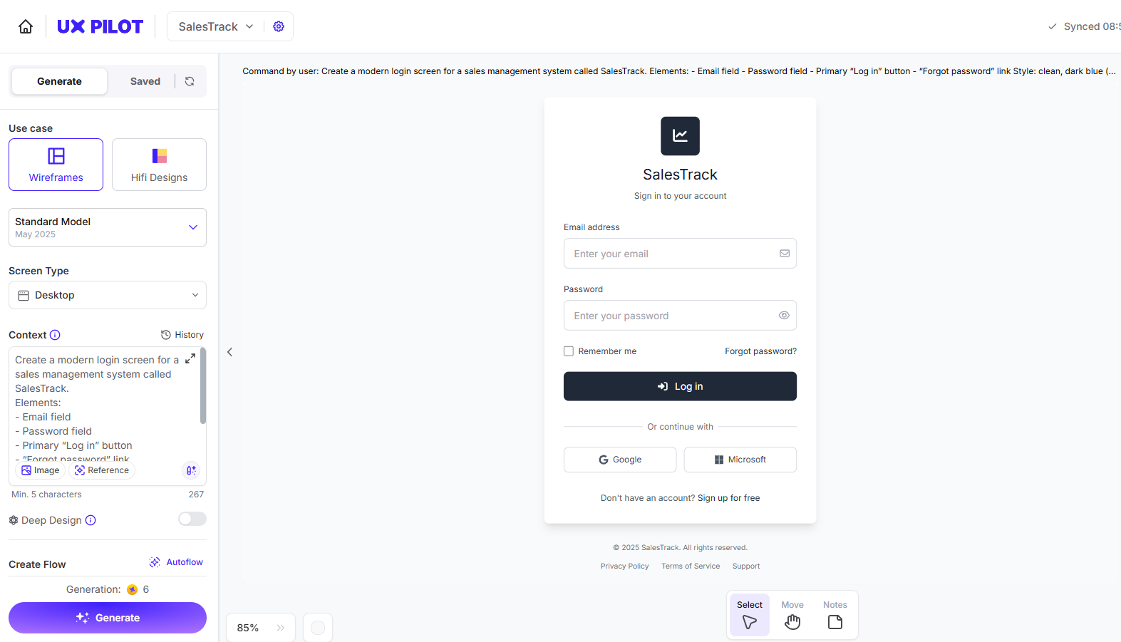 SalesTrack login screen generated in UXpilot