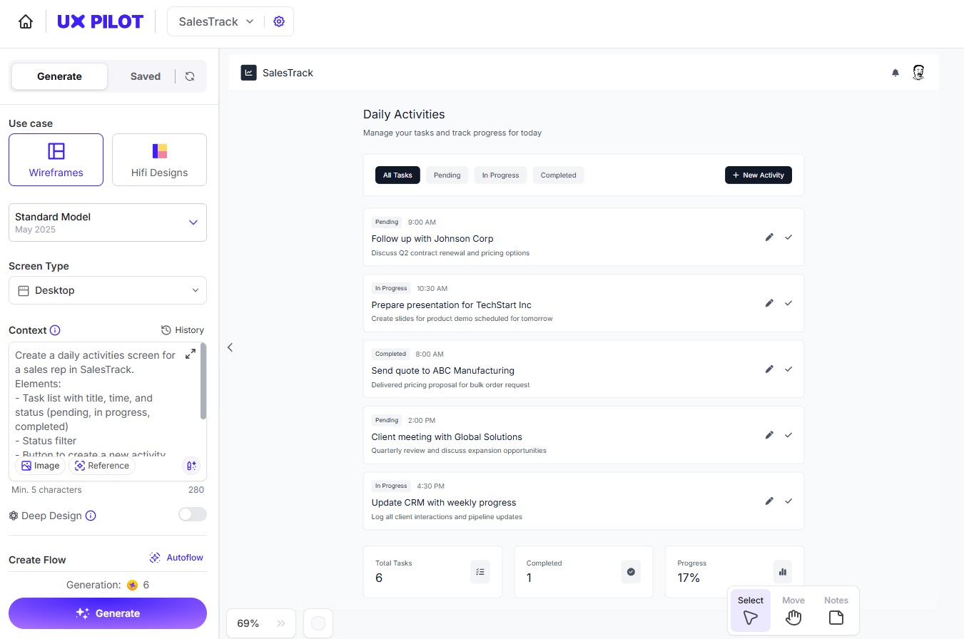 SalesTrack activities screen generated in UXpilot